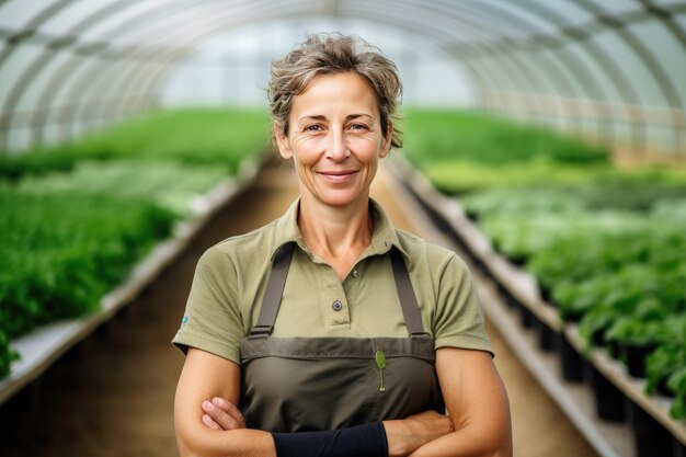 Potrait of female vegetable grower working in a large industrial greenhouse growing vegetables and herbs Farmer