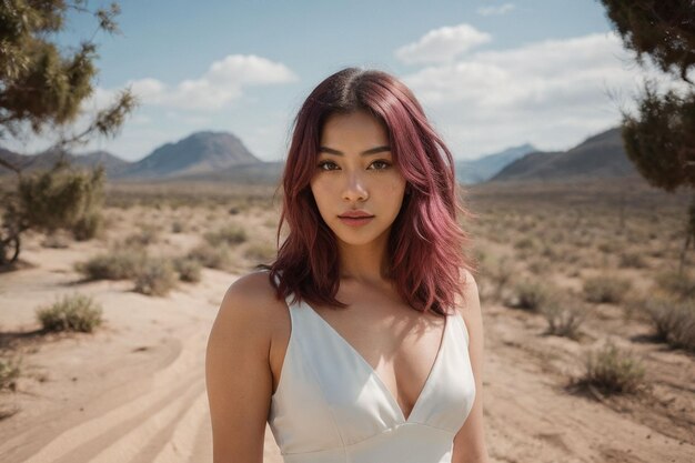 potrait of a girl wearing wedding gown in a middle of a desert