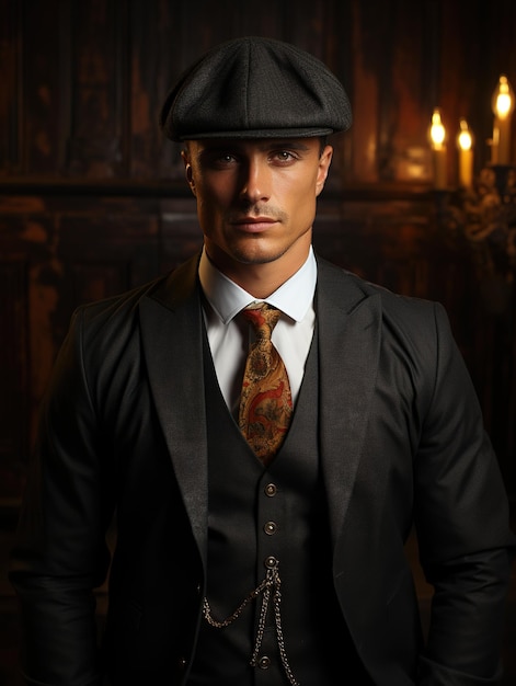 potrait of handsome fierce Italian mafia man with elegant and masculine classic style