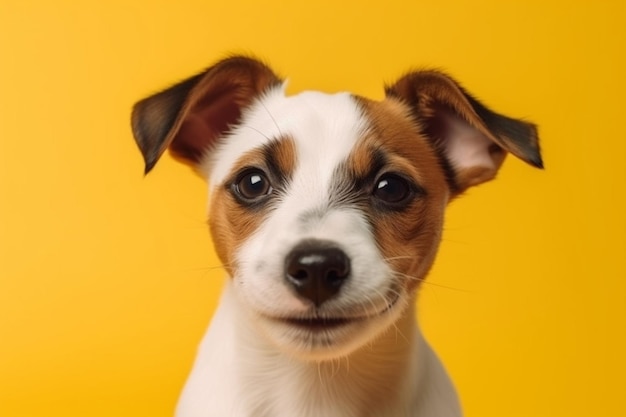 黄色の背景にジャックラッセル子犬犬のPotrait幸せそうな顔