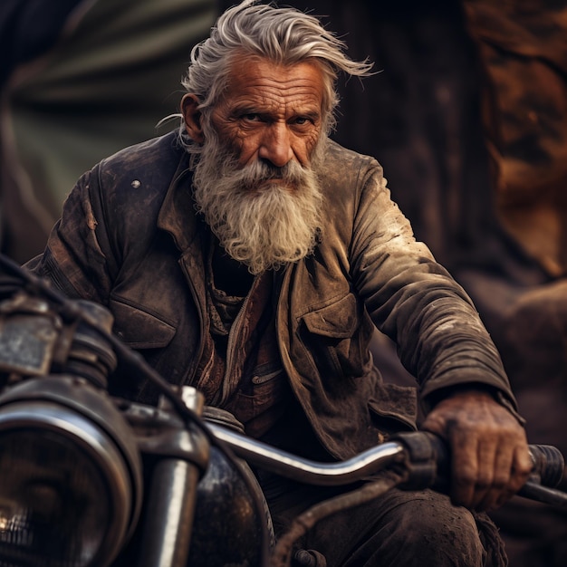 Foto ritratto di un vecchio e una motocicletta