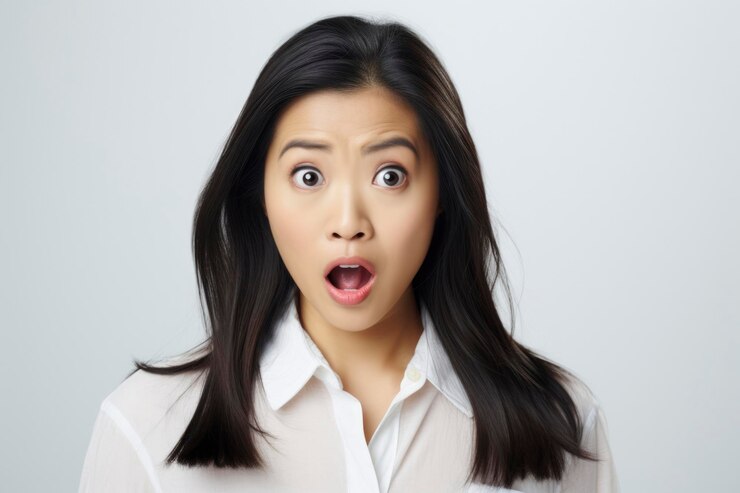 동양인 여성의 충격과 놀라움의 얼굴 초상화
