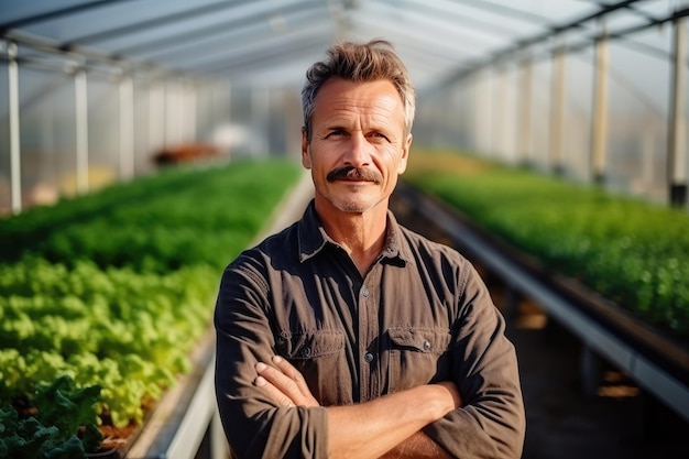 Potrait of a vegetable grower working in a large industrial greenhouse growing vegetables and herbs Farmer
