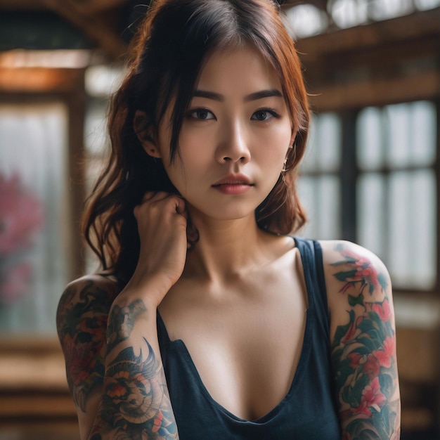 Photo potrait of woman with body tattoos