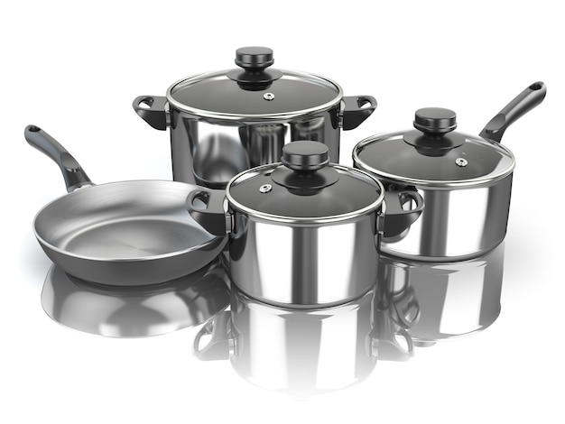 Photo pots and pans set of cooking stainless steel kitchen utensils and cookware