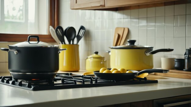 Pots and Pans on a Stove Top in a Kitchen