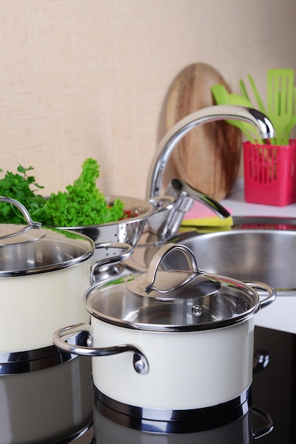 Pots on stove in kitchen