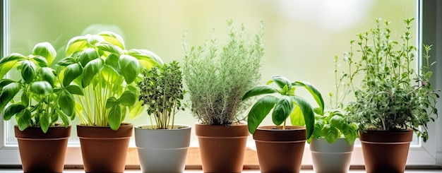 pots with aromatic herbs on window