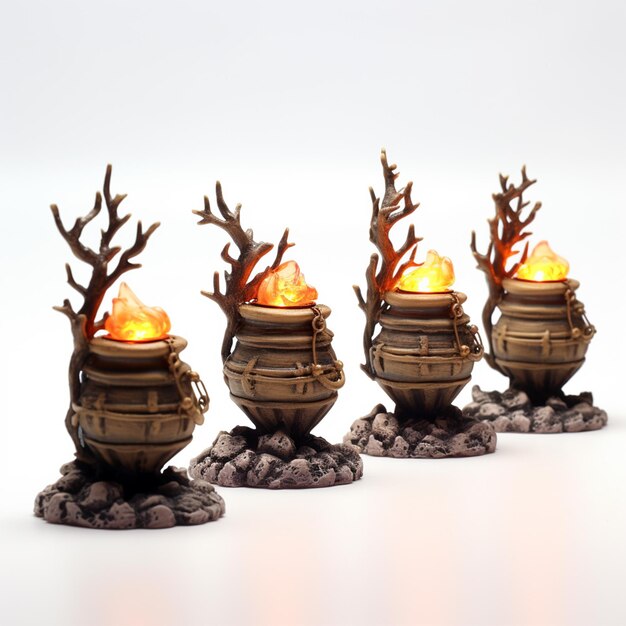 pots with fire and tree branches