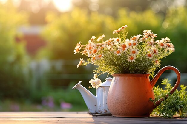 pots with flowers in outdoor garden gardening concept