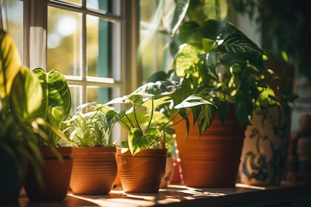 Pots with green houseplants on a windowsill in morning sunlight Indoor gardening Living room decor