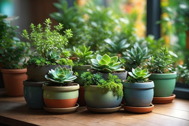 pots with indoor plants succulent green herbs ai generative