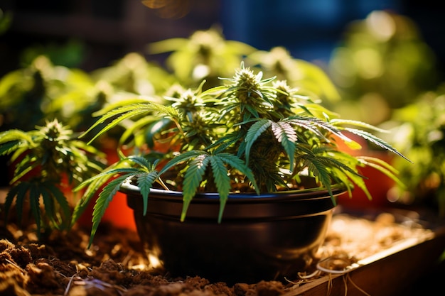 Pots with medicinal cannabis plants in a special greenhouse