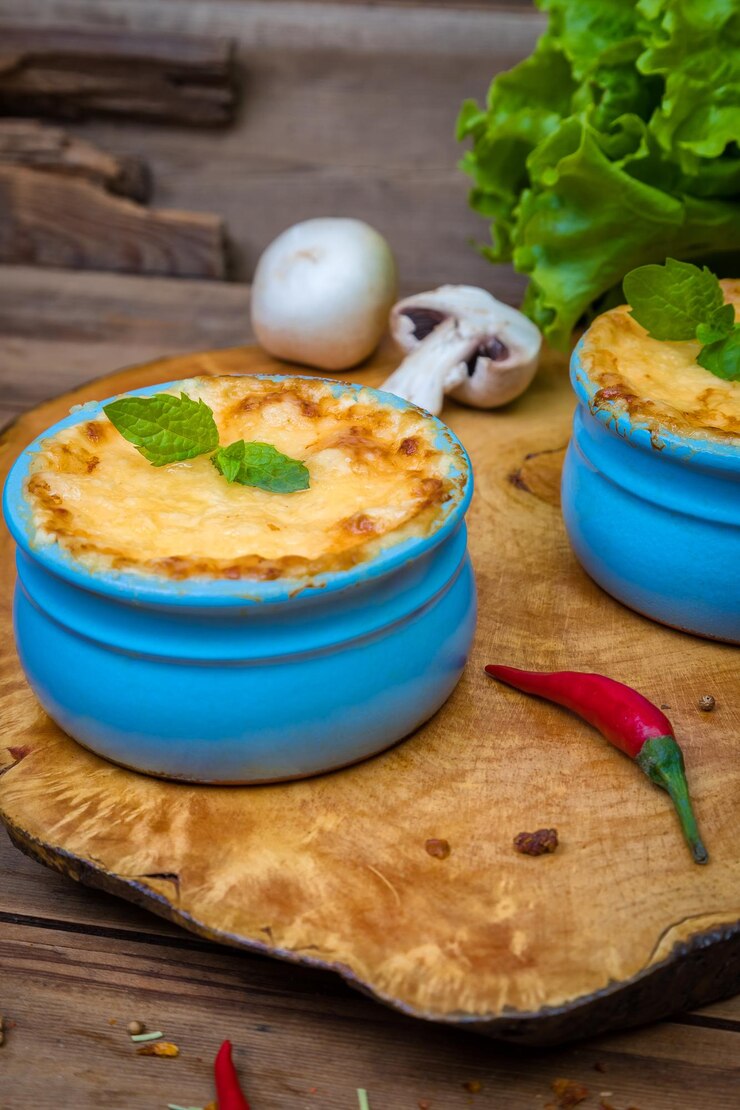 Photo pots with mushroom julienne on a wooden board