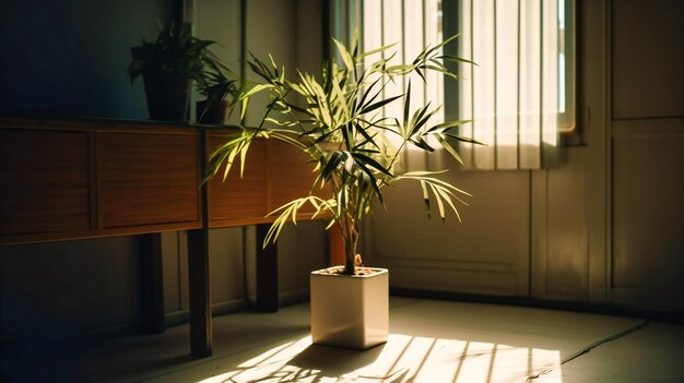 Photo a potted bamboo plant on a white table