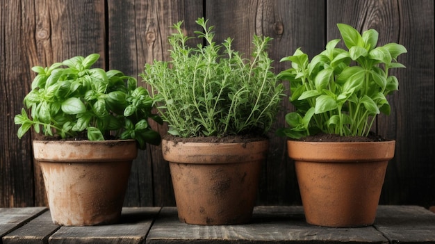 Photo potted basil thyme and rosemary on wooden table