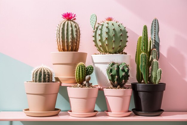 Potted cactus house plants on white shelf against pink wall