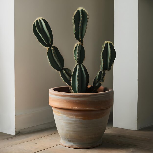 Photo a potted cactus is sitting on a wooden floor