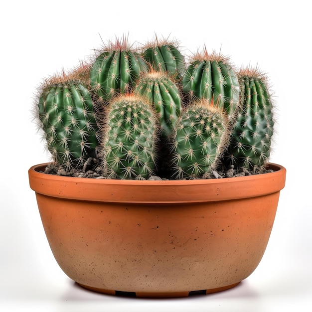 A potted cactus with a red tip is sitting on a white surface.