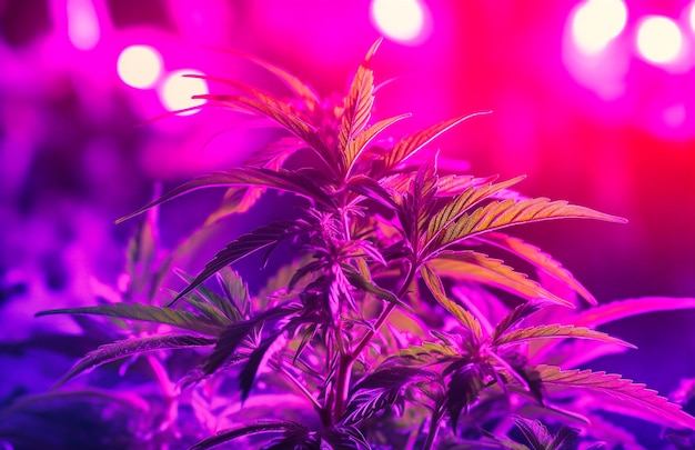 Potted cannabis plants in led light room