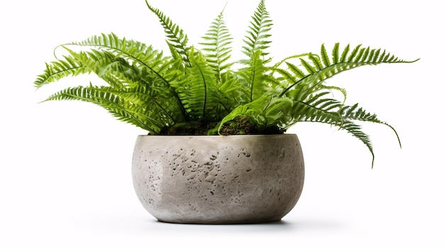 Potted green plant with cutout leaves in a stone planter on a white background