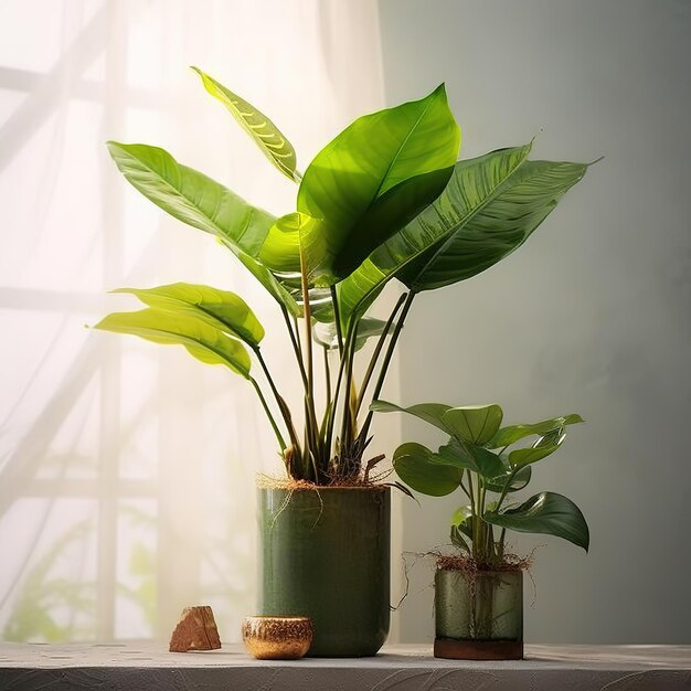 テーブルの上の緑の鉢植え