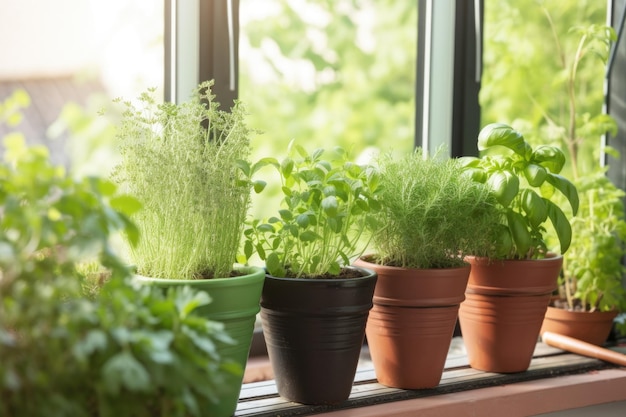 Potted herb garden on patio or windowsill created with generative ai