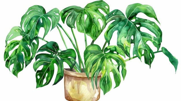 白い背景に隔離されたモンステラの葉が描かれた室内植物のイラスト