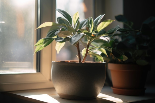 Potted indoor plant on sunny windowsill view of the outside world created with generative ai