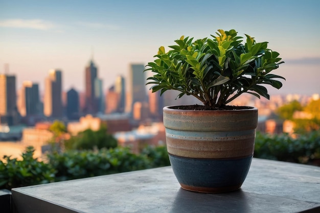 Глянцевое растение на балконе с городским горизонтом