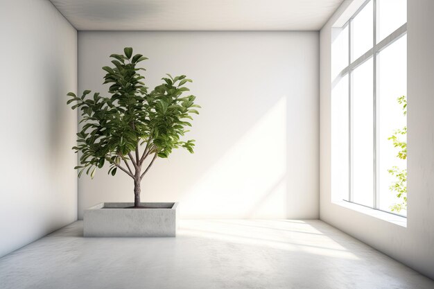 자연광이 들어오는 큰 창문 옆 밝은 흰색 방에 있는 화분 Generative AI