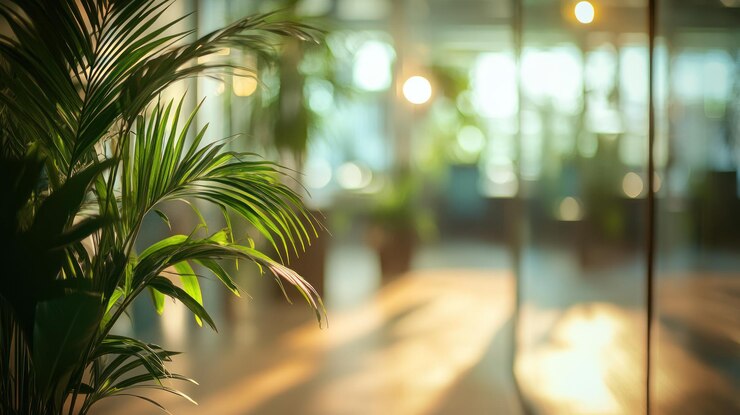 A potted plant is sitting on a wooden table The plant is green and has a silver pot