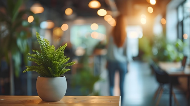 Photo a potted plant sits on a wooden table in a luxury modern office with a blurred background