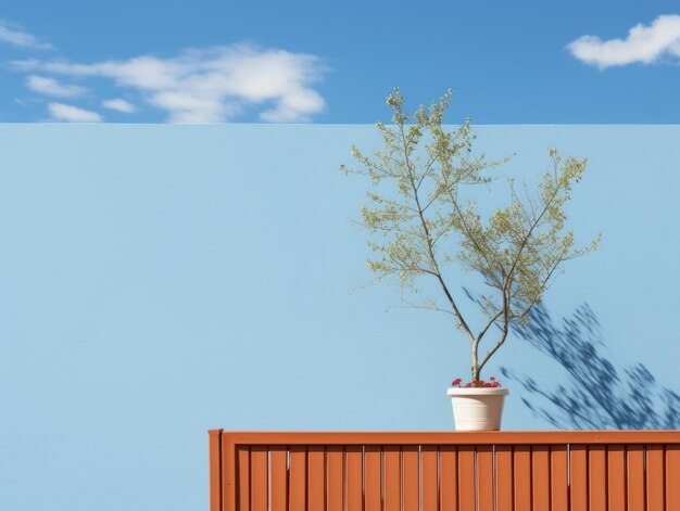 A potted plant sitting on a fence next to a blue wall