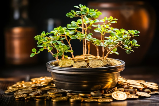 Potted plant sitting on top of pile of gold coins Generative AI