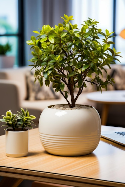 木のテーブルの上に置かれた鉢植えの植物 生成 AI
