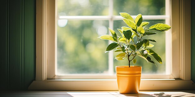 A potted plant sitting on a window sill in front of a window