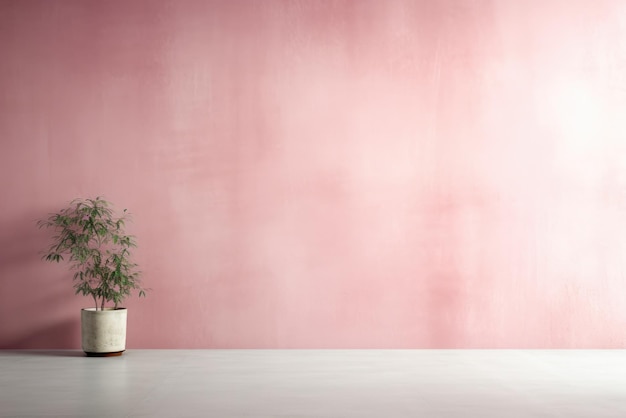 생생한 핑크색 벽에 기대어 테이블 위에 화분