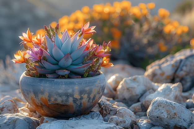 A Potted Plant on Top of a Pile of Rocks