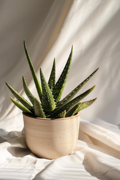 A potted plant on a white cloth