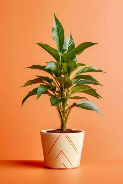 Растение в горшке с зелеными листьями на деревянном столе перед оранжевой стеной Generative AI