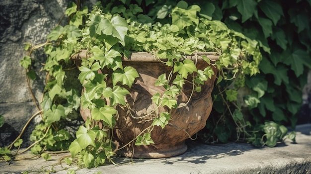 A potted plant with ivy growing in it