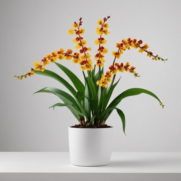 a potted plant with yellow flowers on a white table