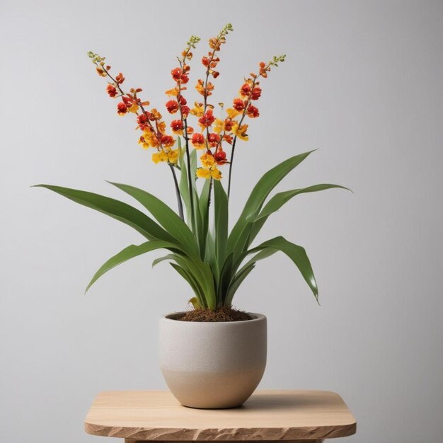 a potted plant with yellow and red flowers on a table