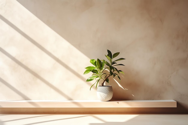 A potted plant on a wooden shelf