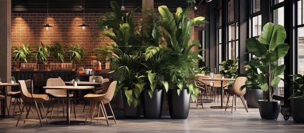 鉢 の 植物 は 現代 的 な カフェ の 囲気 を 良く し て い ます