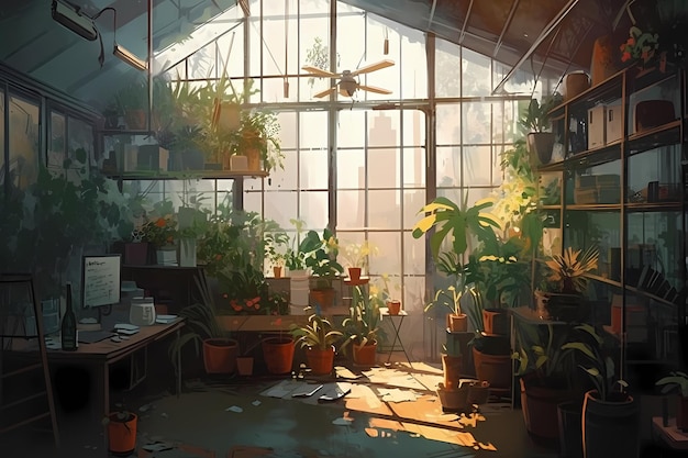 Potted plants in a cozy greenhouse digital art