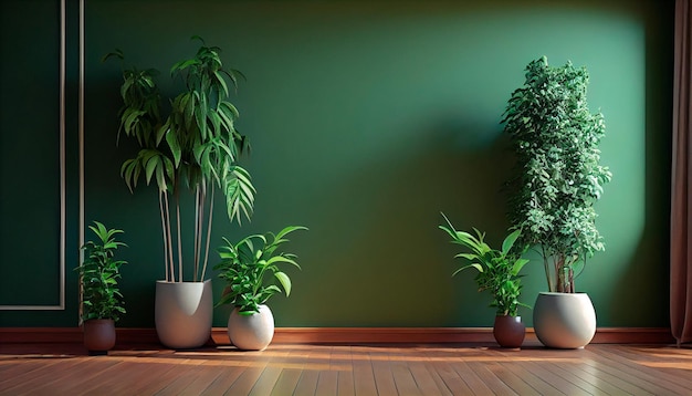 鉢植えの植物は、緑の壁と堅木張りの床で空のリビングルームを飾ります ジェネレーティブ AI