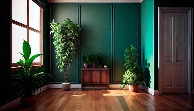 Potted plants decorate the empty living room with green walls and a hardwood floor Generative AI