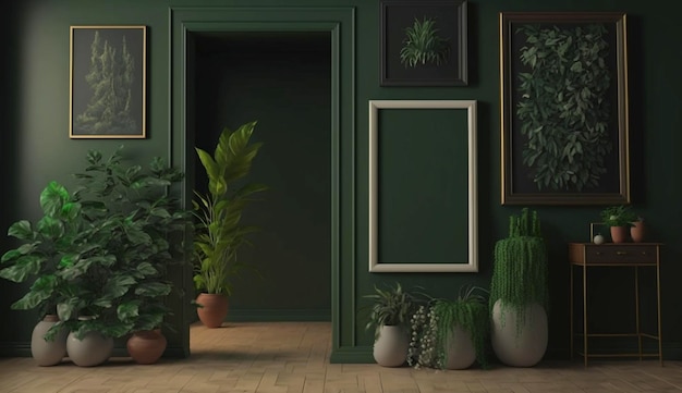 Potted plants decorate living room with green color walls with art gallery frame Generative Ai